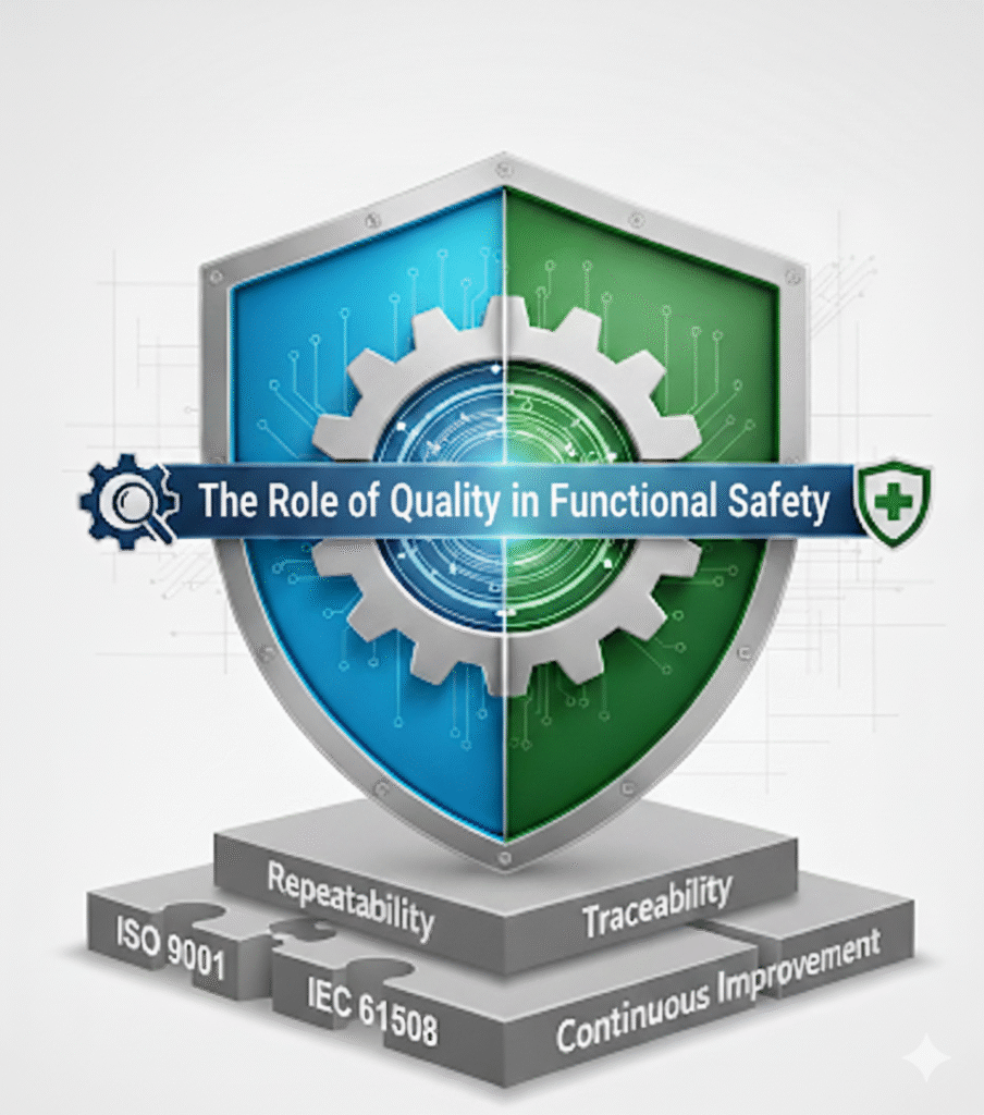 Illustration of quality management as the foundation of functional safety (IEC 61508, ISO 26262, ISO 13849).