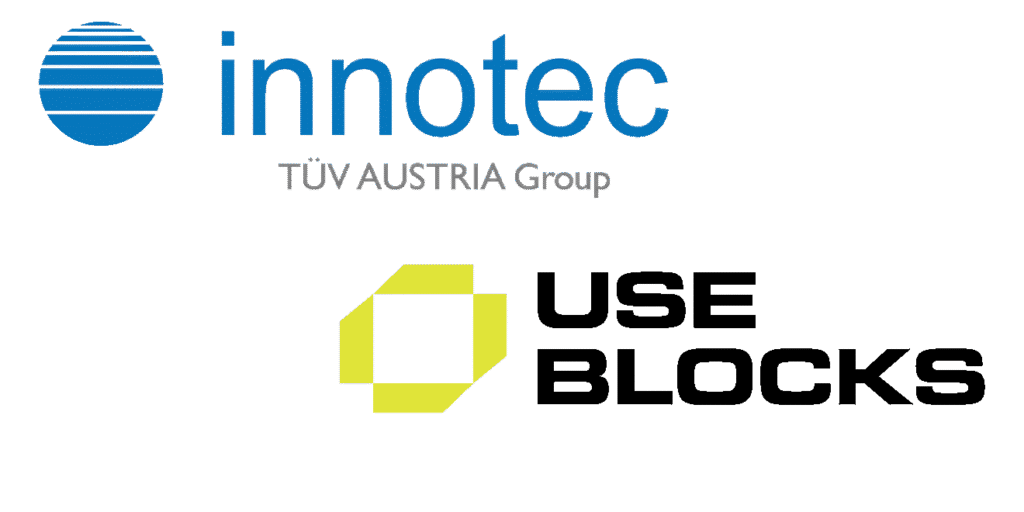 Logos of innotec GmbH (TÜV AUSTRIA Group) and useblocks GmbH, representing their partnership on open-source safety documentation and traceability tools.